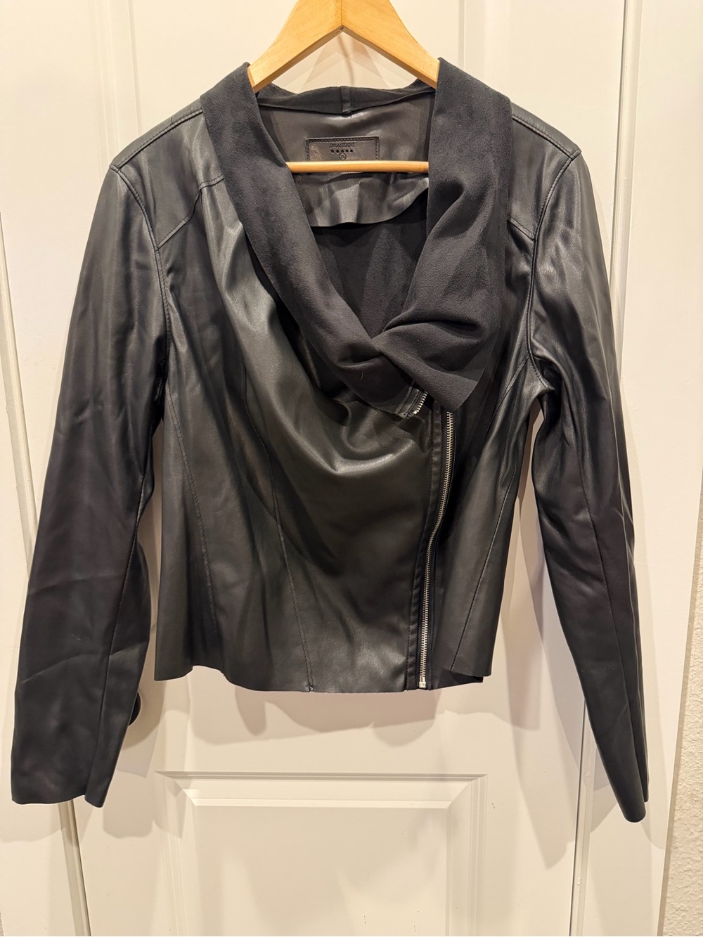 Blank NYC Black Leather Jacket with Draped Shawl Collar